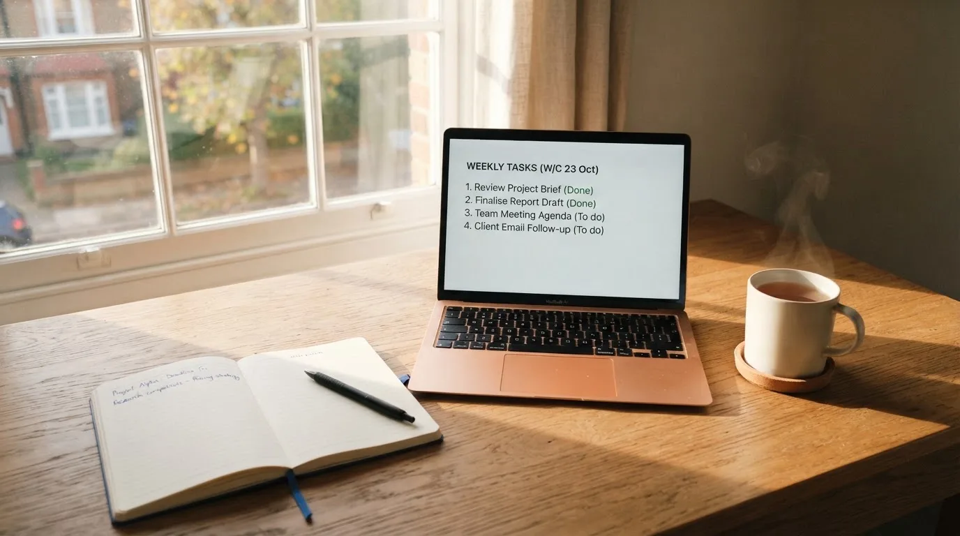 A tidy desk with a notebook, a mug of tea and a laptop open to a checklist, morning light through a window.