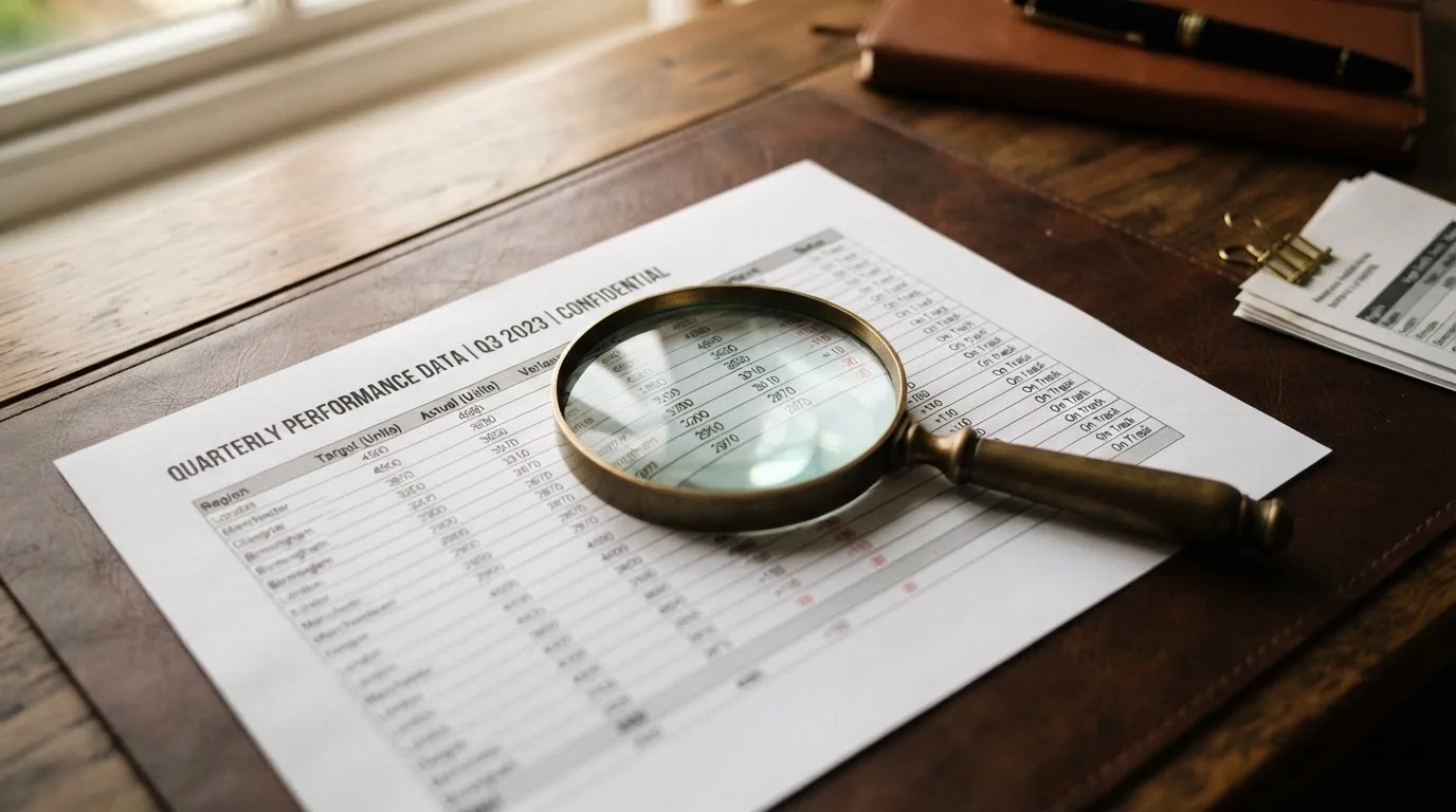 A magnifying glass rests over a printed regulatory certificate on a wooden desk.