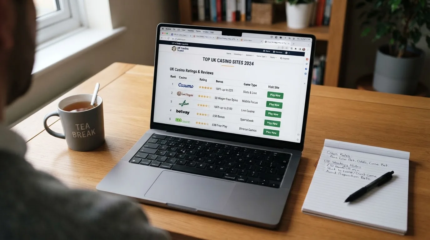 A laptop on a home desk showing a UK online casino comparison page open beside a notepad, with a craps table layout diagram on a laptop visible in a browser tab list