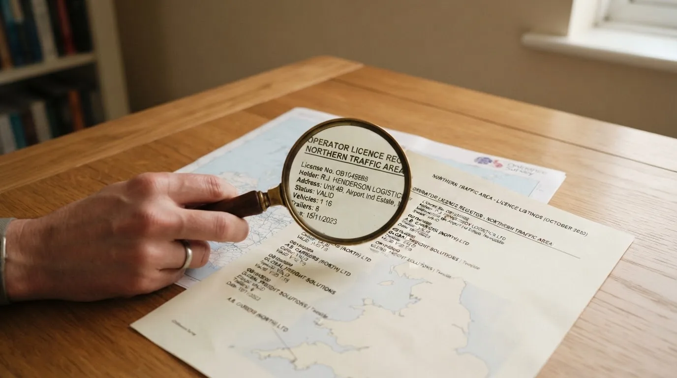 A magnifying glass held over a printed gambling licence certificate on a desk, with a UK map faintly visible in the background