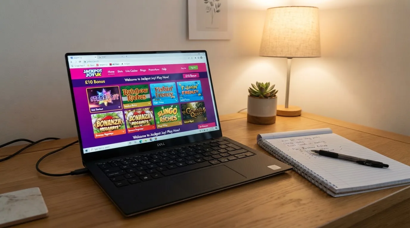 A laptop on a home desk showing a UK online casino comparison page open beside a notepad, with a laptop showing a foreign-registered website's homepage visible in a browser tab list
