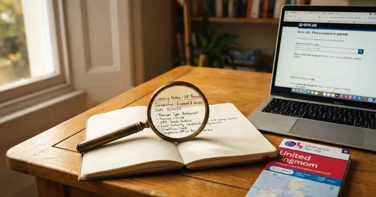 A magnifying glass held over a printed gambling licence certificate on a desk, with a UK map faintly visible in the background