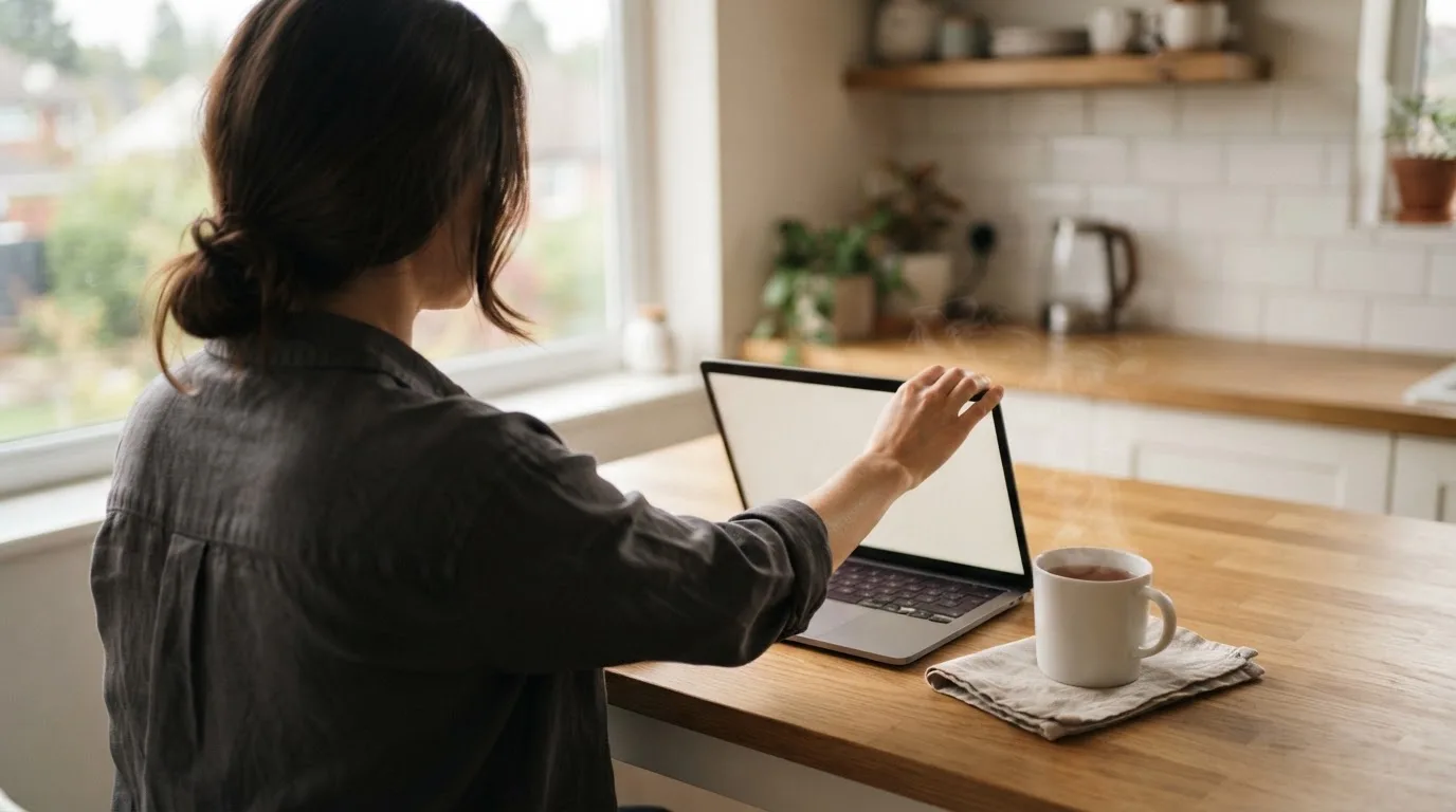 A person closing a laptop beside a cup of tea
