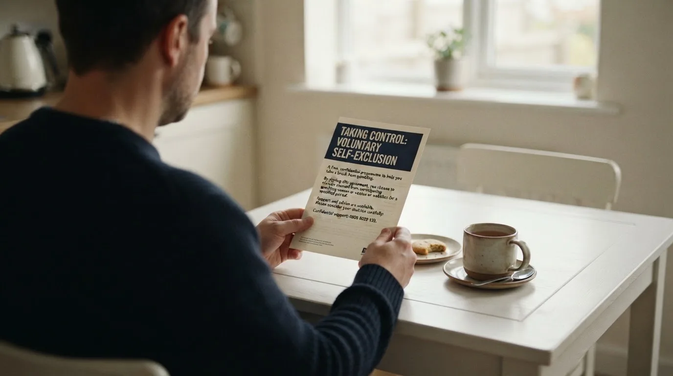 A person reading a self-exclusion leaflet at a kitchen table