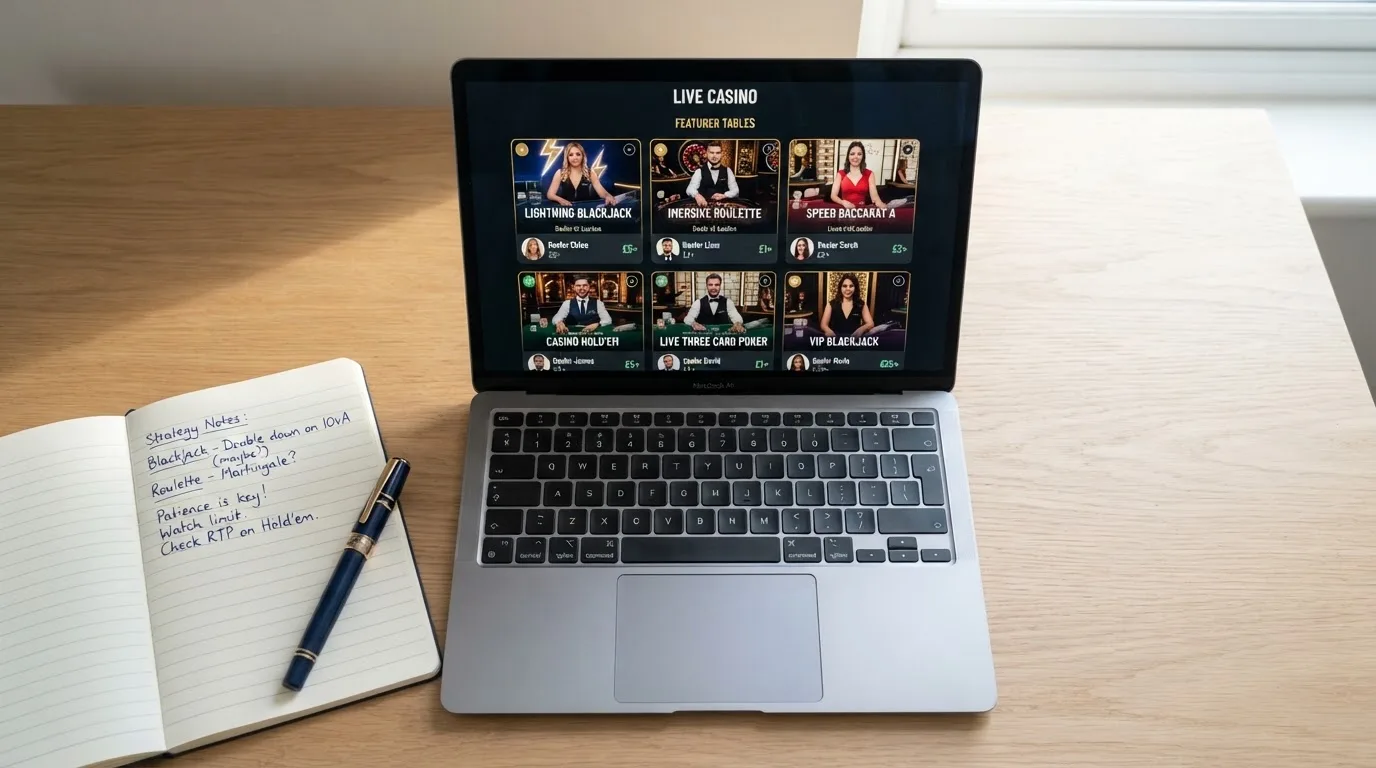 A laptop on a home desk showing a UK online casino comparison page open beside a notepad, with a laptop showing a live casino lobby with several table thumbnails visible in a browser tab list