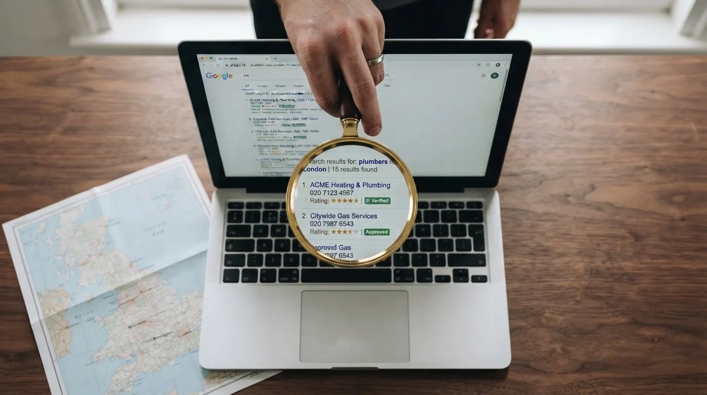A magnifying glass held over a printed gambling licence certificate on a desk, with a UK map faintly visible in the background