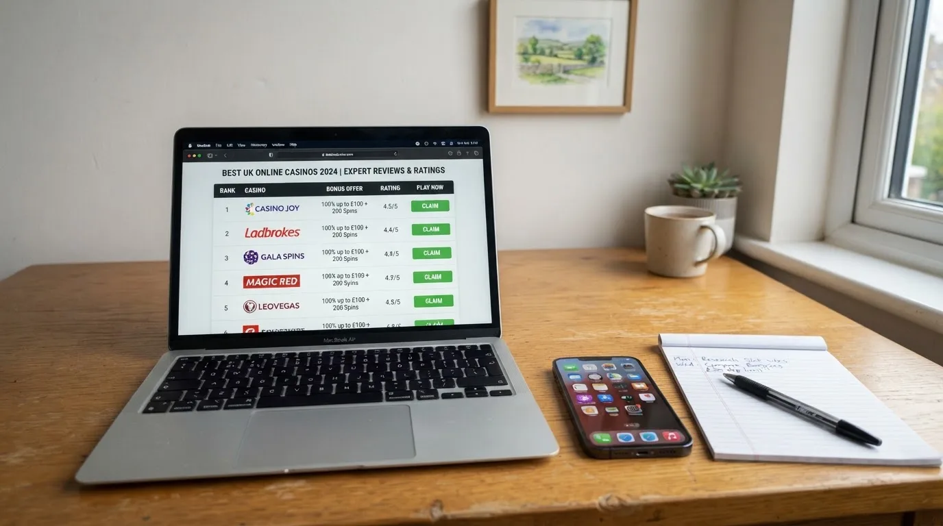 A laptop on a home desk showing a UK online casino comparison page open beside a notepad, with a mobile phone resting on a desk next to a casino app icon screen visible in a browser tab list