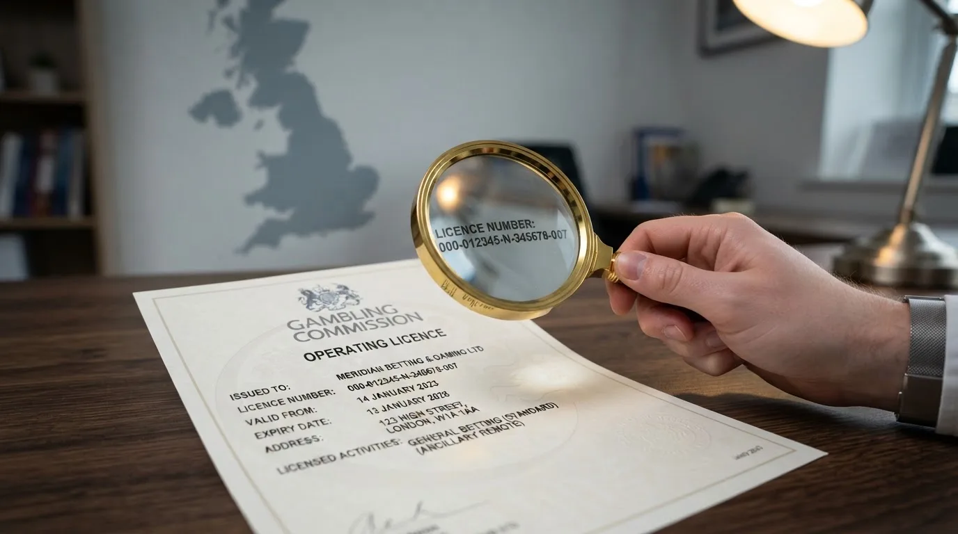 A magnifying glass held over a printed gambling licence certificate on a desk, with a UK map faintly visible in the background