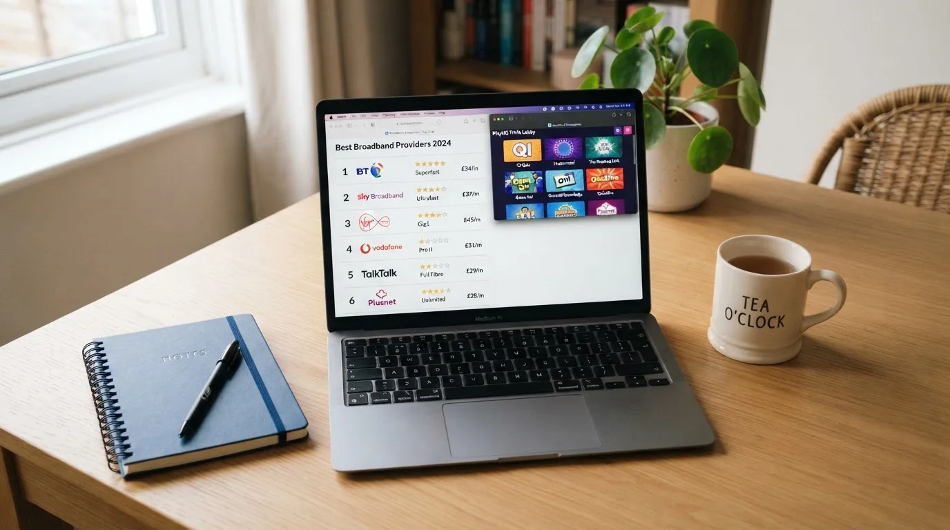 A laptop on a home desk showing a UK online casino comparison page open beside a notepad, with a laptop showing a live casino game show lobby page visible in a browser tab list