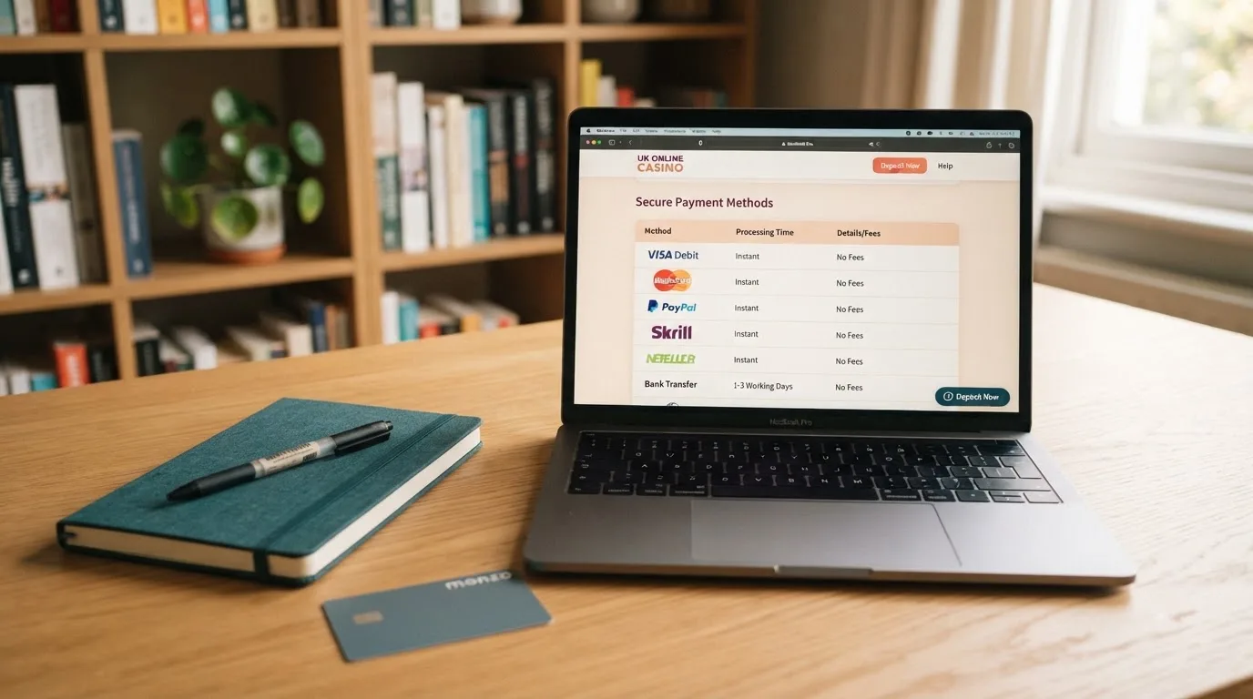A laptop on a home desk showing a UK online casino comparison page open beside a notepad, with a desk with a debit card, a phone and a laptop showing a deposit form visible in a browser tab list