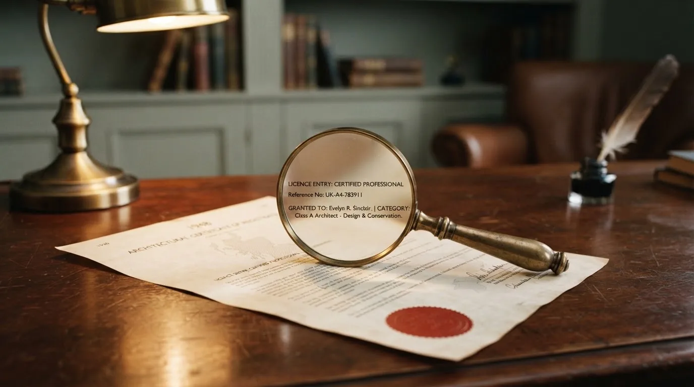 A magnifying glass held over a printed gambling licence certificate on a desk, with a UK map faintly visible in the background