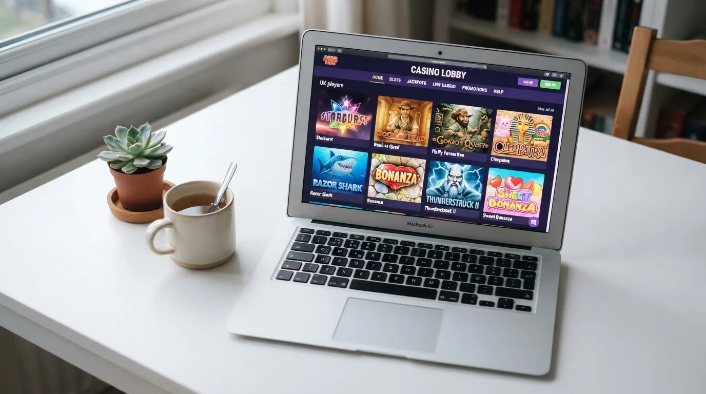 A laptop on a desk displaying a grid of slot game thumbnails in a casino lobby.