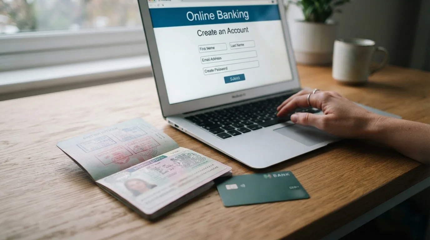 A UK passport and a bank card resting beside a laptop showing an account sign-up screen.