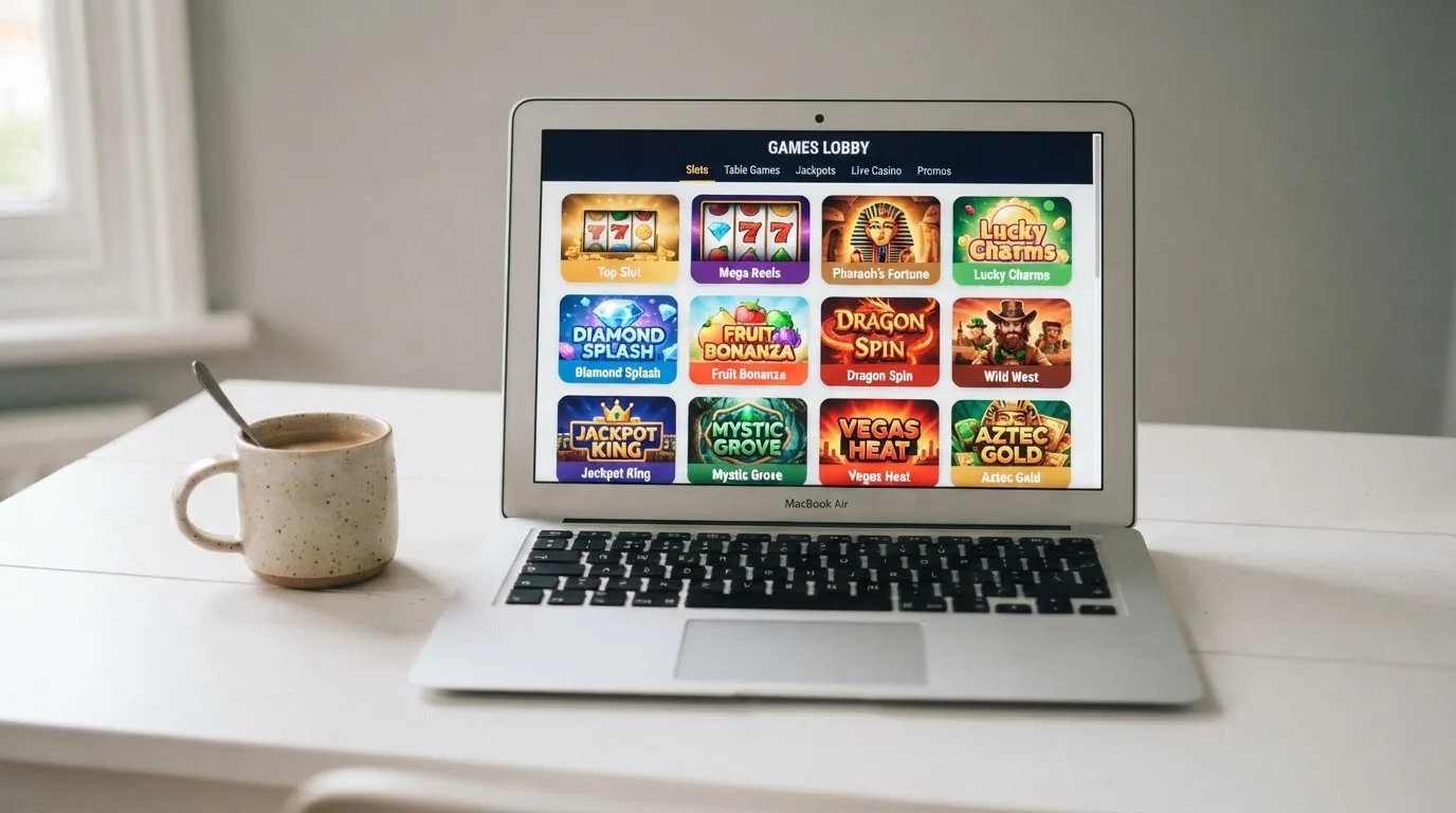 A laptop on a desk displaying a grid of slot game thumbnails in a casino lobby.