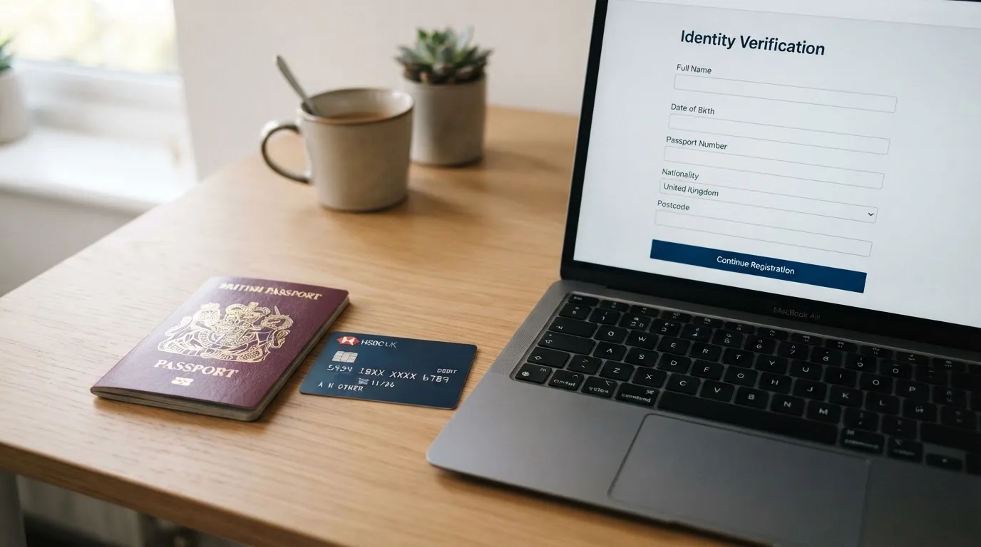 A UK passport and a bank card resting beside a laptop showing an account sign-up screen.