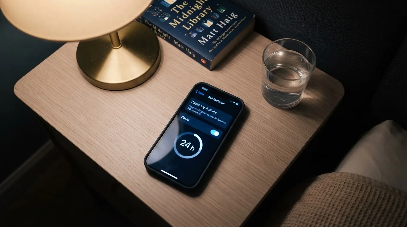 A phone displaying a self-exclusion settings screen next to a glass of water on a bedside table.