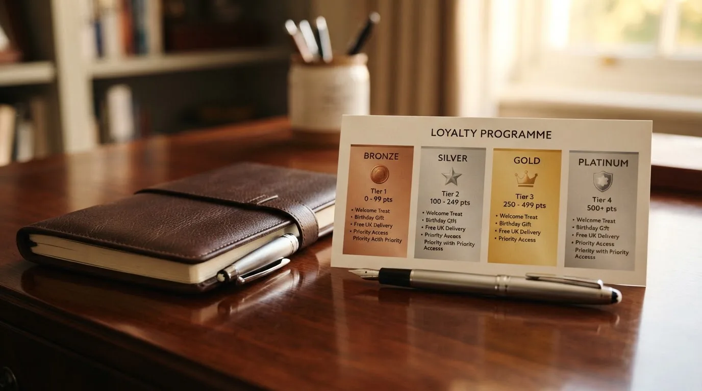 A desk with a printed loyalty-tier chart, a fountain pen, and a closed leather notebook.