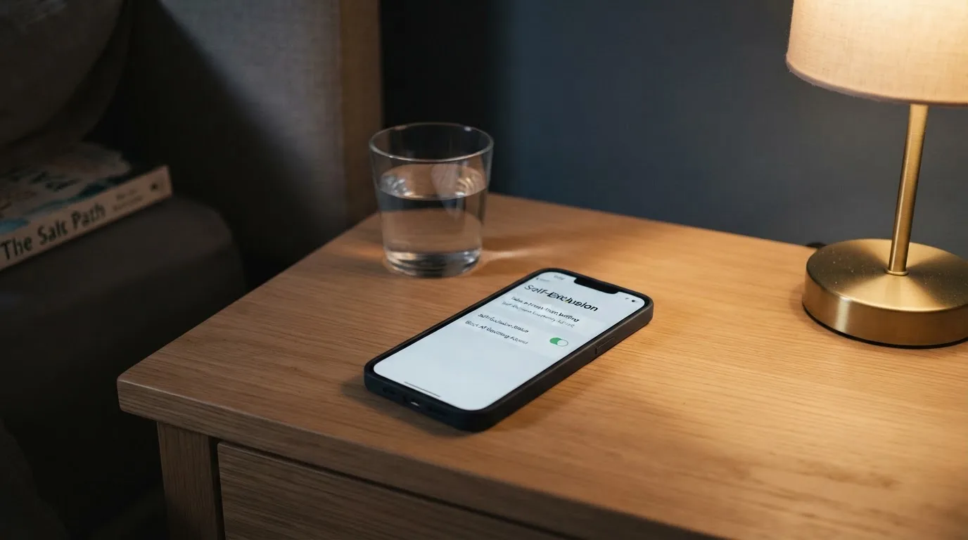 A phone displaying a self-exclusion settings screen next to a glass of water on a bedside table.