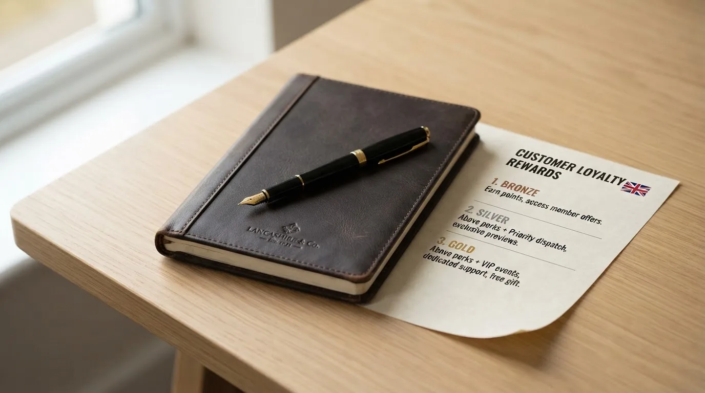 A desk with a printed loyalty-tier chart, a fountain pen, and a closed leather notebook.