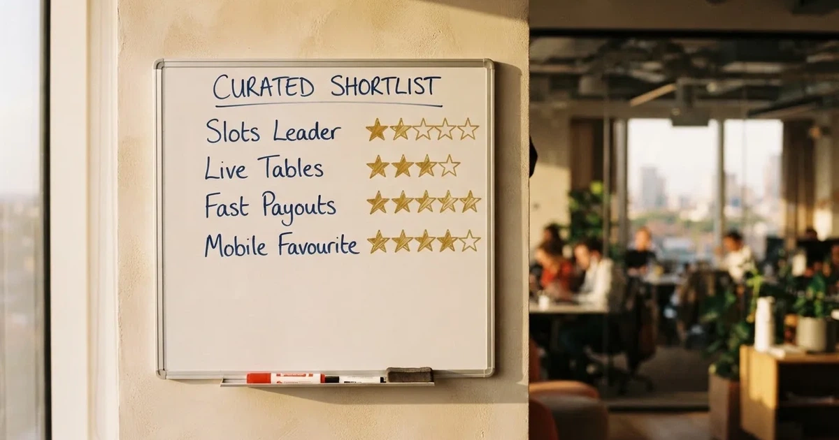 A shortlist of casino names written on a whiteboard with star ratings beside each one.